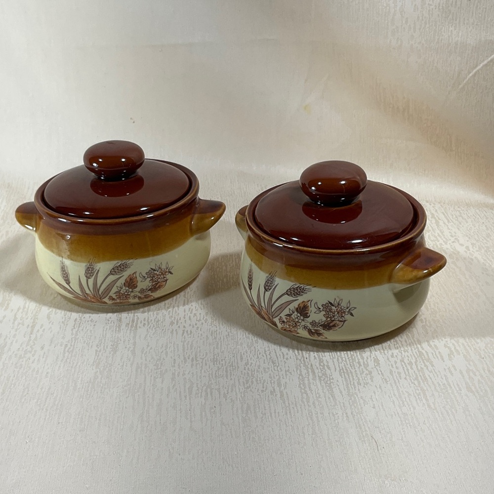 Vintage 1970s Wheat Autumn Harvest Crock Dishes with covers- Set of 2